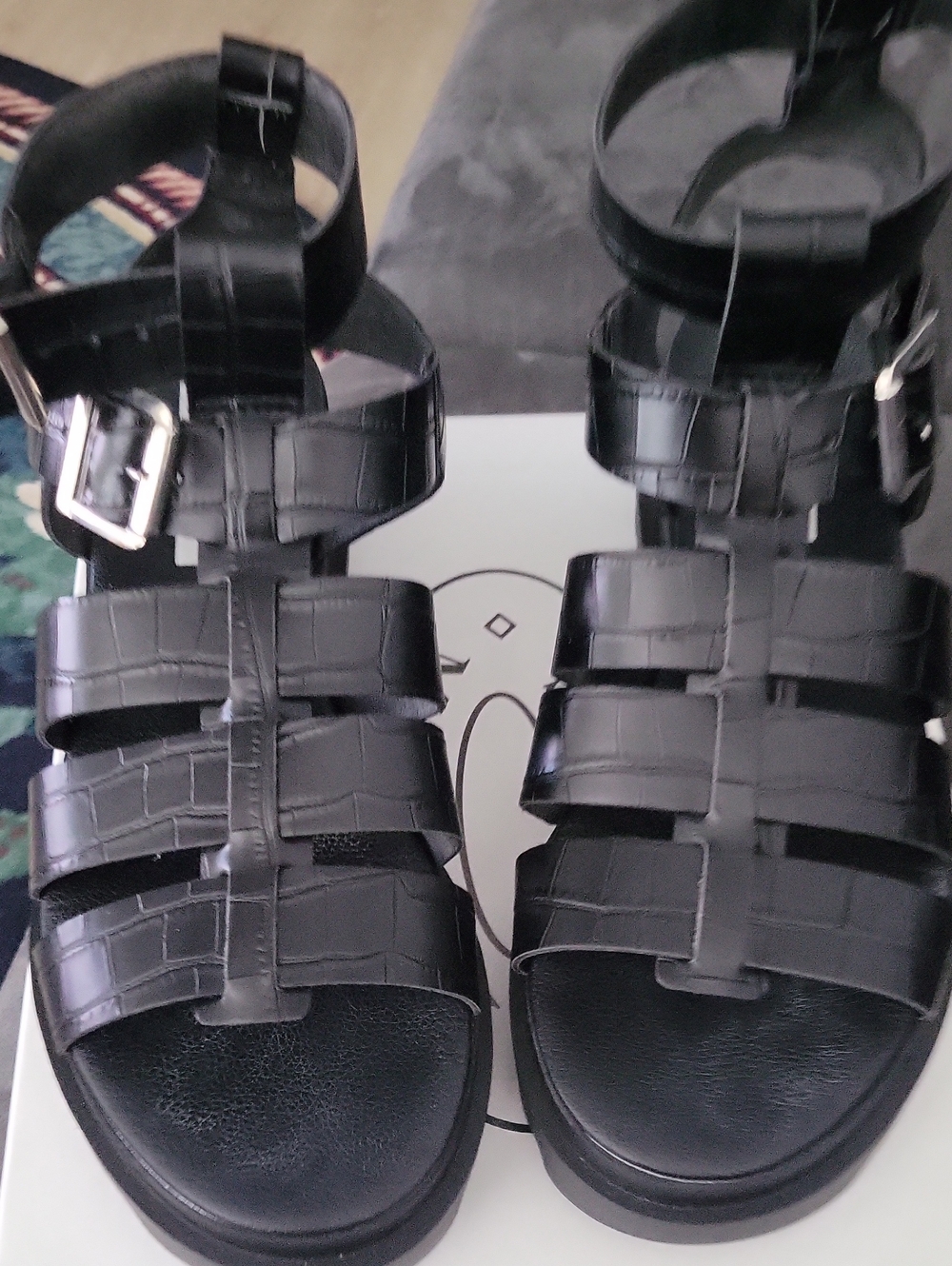 Steve Madden Black Croc-Embossed Strappy Gladiator Sandals